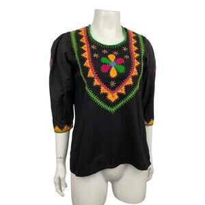 Vintage Boho Embroidered Folk Blouse Black Festival Hippie Top Tunic / Small -